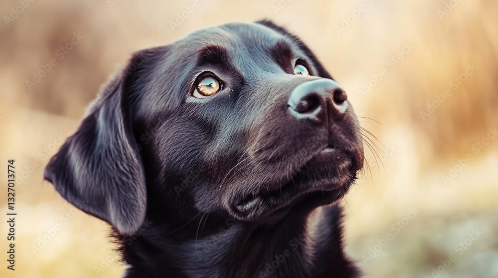 Poster Close up portrait of a curious black Labrador looking above with soft focus background : Generative AI