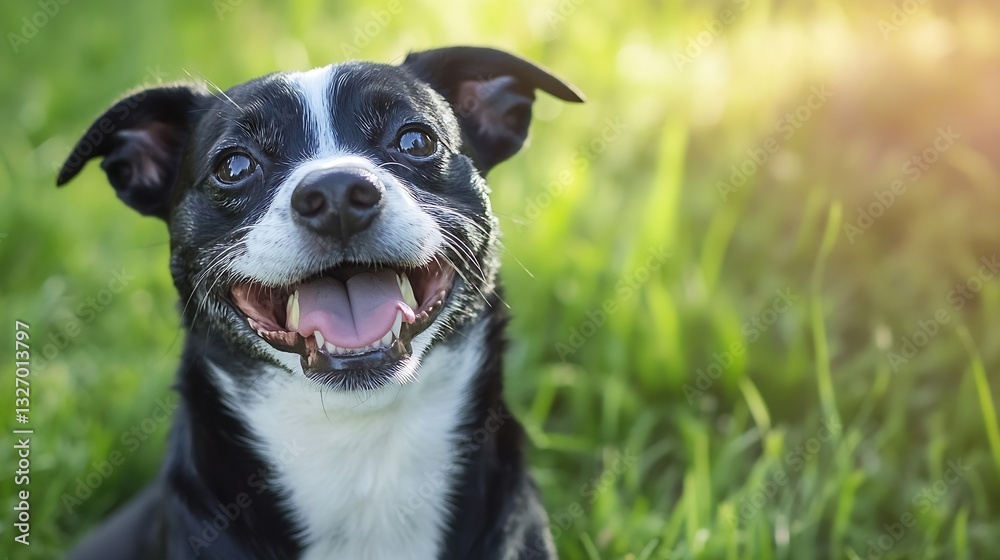 Aufkleber happy black and white dog smiling in lush green grass during a sunny day showcasing joy and vitality