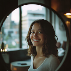 portrait of a young woman in a cafe smiling into mirror