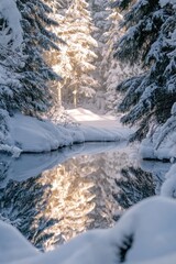 Obraz premium Sunlit snowy forest stream winter reflection nature postcard