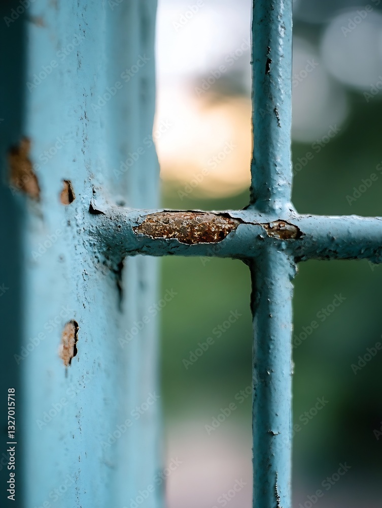 Poster closeup of rusty blue metal bars with soft background blurred foliage : generative ai