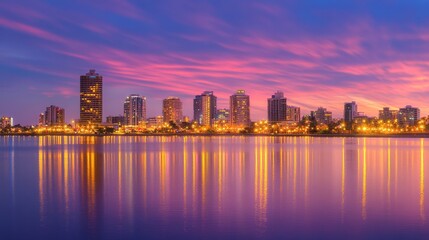 Fototapeta premium Vibrant city skyline at dusk reflecting on calm water with colorful clouds and light