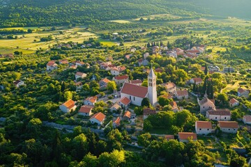 Croatian village church aerial view sunset