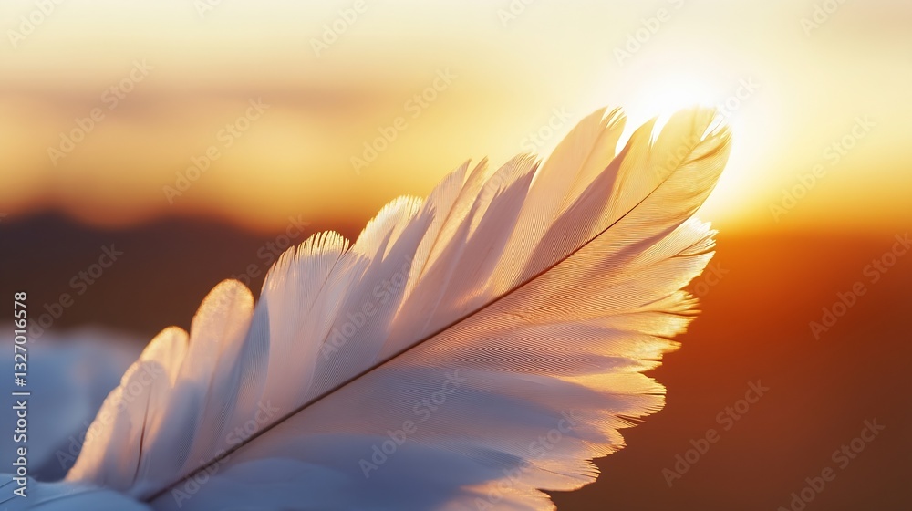 Aufkleber Close up of a delicate feather illuminated by the golden glow of a sunset against a serene backdrop : Generative AI