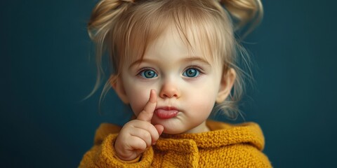 Cute toddler with blue eyes making a shushing gesture while wearing a cozy yellow sweater indoors