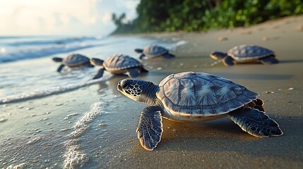 Adorable Baby Sea Turtles Hatchlings Crawling on Sandy Beach Towards Ocean at Sunrise