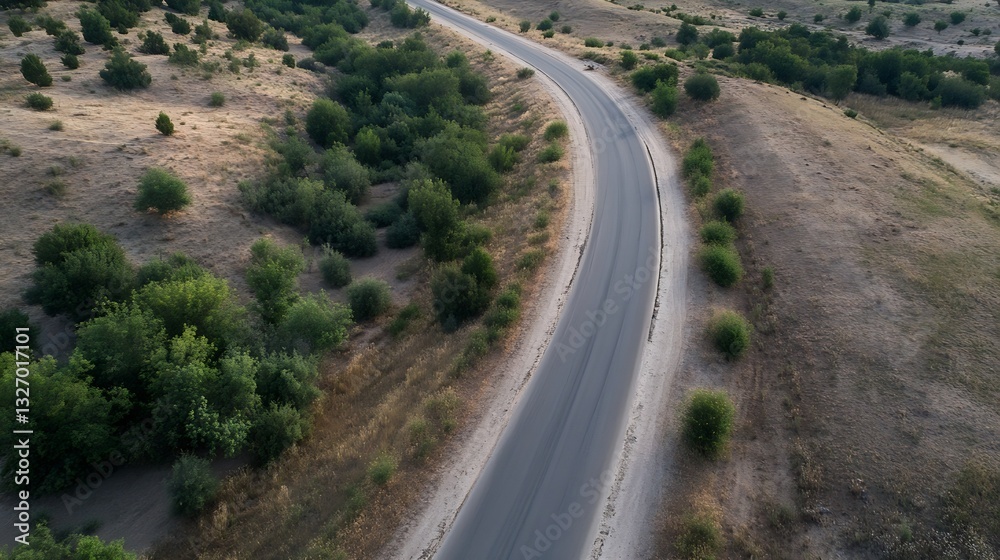 Poster winding road through a scenic landscape surrounded by green trees and open space : generative ai