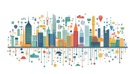 Colorful city skyline, innovation, technology, reflection, growth, presentation