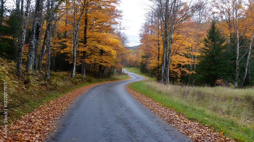 Poster scenic winding road through vibrant autumn trees capturing the essence of fall colors : generative a