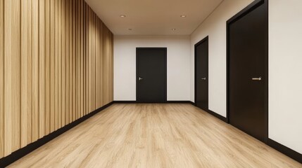 Obraz premium Modern interior hallway featuring wooden paneling and black doors in a minimalist design