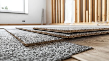 Installation of carpet tiles a flooring option with space for text on a banner.