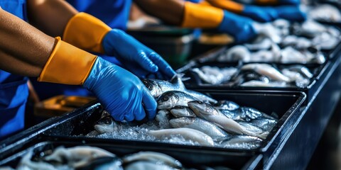 Processing Fresh Fish in a Seafood Factory Revealing Meticulous Work on the Production Line With Skilled Workers Handling Seafood Generative AI