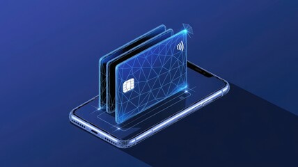 Abstract polygonal bank card on a phone. Online payment and banking. Digital money wallet in blue. Technology and finance concepts. Pay technology background. Futuristic low poly vector illustration 