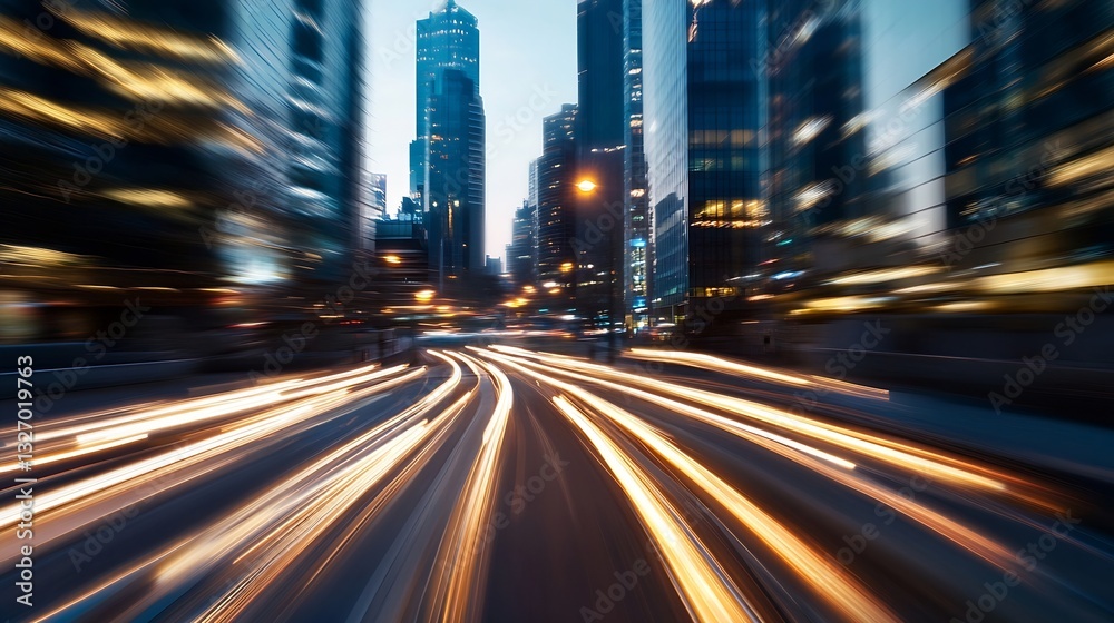 Leinwandbilder dynamic city nightscape with blurred lights creating a motion effect on the road : generative ai