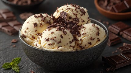 Delicious Vanilla Ice Cream Scoops Topped with Chocolate Shavings in a Dark Bowl, Close-up Photography of Creamy Dessert