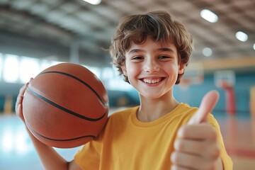 kid grins wide and flashes thumbs up gripping basketball in bright gym he seems cheerful and into sports fun vibe active gym space happy youth lively life  
