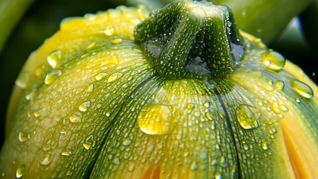 Freshly harvested yellow squash glistening with water droplets in a vegetable garden during the early morning hours