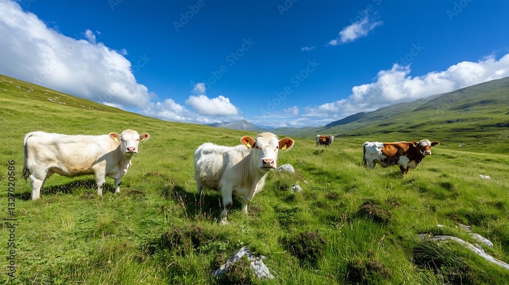 Poster a group of cows grazing in a lush green pasture under a bright blue sky with fluffy clouds : generat