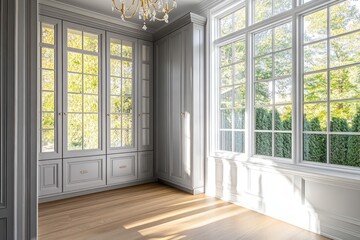 Fototapeta premium Sunlit library, hardwood floor, grey cabinets, autumn leaves