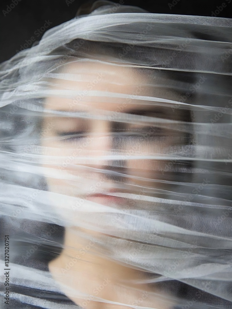 Aufkleber expressive portrait of a woman partially obscured by sheer fabric creating dreamy effect : generativ