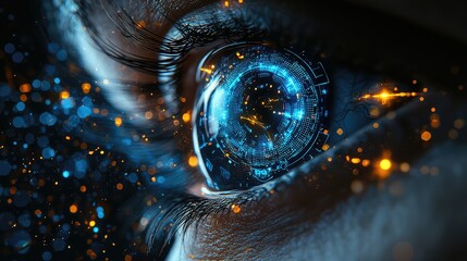 Futuristic Cyborg Eye with Digital Interface Overlay and Glowing Particles Abstract Sci-Fi Concept