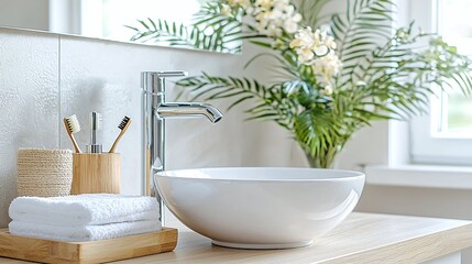 Fototapeta premium Modern Bathroom Sink with Stylish Accessories and Green Plants for a Relaxing Atmosphere