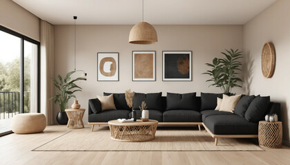 Modern living room interior with black sofa, rattan furniture in beige and brown and plants. 