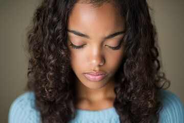 Naklejka premium A girl with beautiful curly hair appears to be meditating, her eyes closed and face relaxed. Soft natural light envelops her, creating a peaceful atmosphere