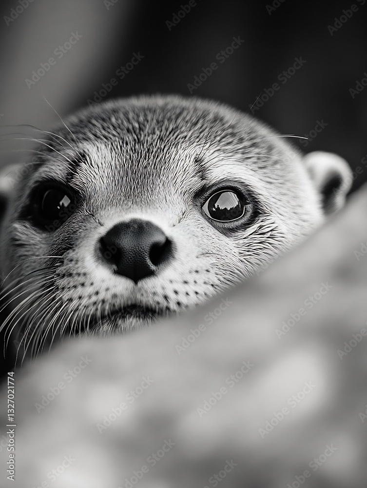 Poster Adorable closeup of a curious otter peeking out from behind a rock with sparkling eyes : Generative AI