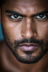 Fototapeta premium A close-up view highlights a man's deep-set eyes and strong facial structure, revealing an intense expression. The lighting enhances the texture of his skin, showcasing every detail