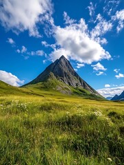 Fototapeta premium Breathtaking mountain peak amidst lush greenery and vibrant clouds under a blue sky : Generative AI