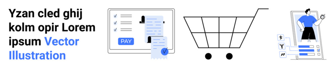 Shopping cart, payment document, analytics charts, and human figure illustration. Ideal for e-commerce, business strategy, data analysis, digital transactions, consumer behavior finance abstract
