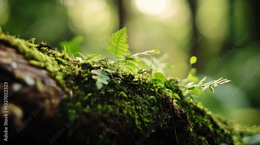 Poster lush green moss covered log surrounded by fine ferns and forest light : generative ai