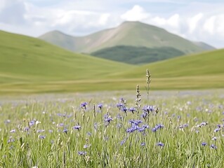 Beautiful field of vibrant wildflowers with stunning mountain range in the background under blue sky