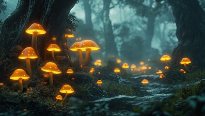 Glowing mushrooms forest path at night