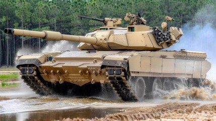 Fototapeta premium view of a tank moving through the mud decorated with plants