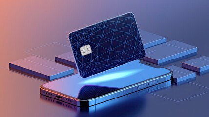 Abstract polygonal bank card on a phone. Online payment and banking. Digital money wallet in blue. Technology and finance concepts. Pay technology background. Futuristic low poly vector illustration 