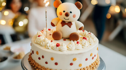 Fototapeta premium A birthday cake is decorated with frosting and a teddy bear, with a lit candle on top