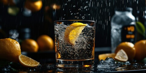 Citrus Splash of Flavor With a Lemon Wedge Dancing in Sparkling Water Under Soft Lighting Generative AI