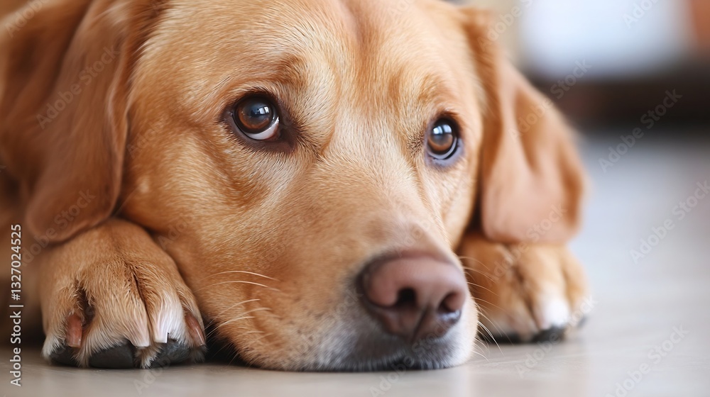 Poster a thoughtful labrador retriever resting with a soulful expression reflecting loyalty and companionsh