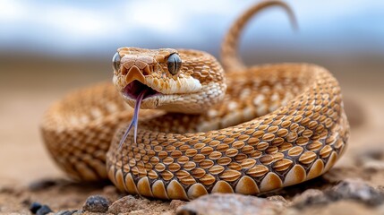 Fototapeta premium A rattlesnake coiled in a defensive posture, tail rattling, fangs bared, desert landscape in the background