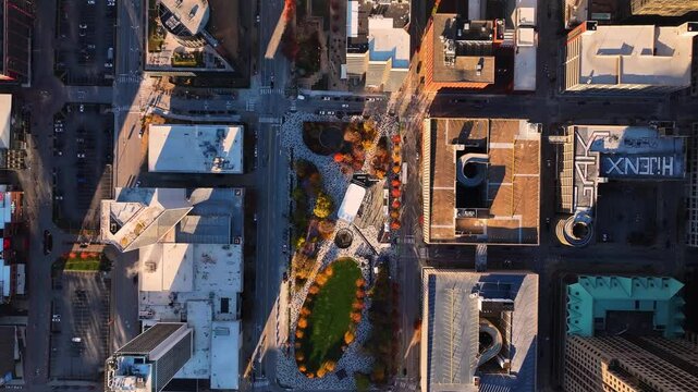 Aerial view of Old Courthouse and urban buildings with traffic in Downtown St Louis, Missouri, United States.
