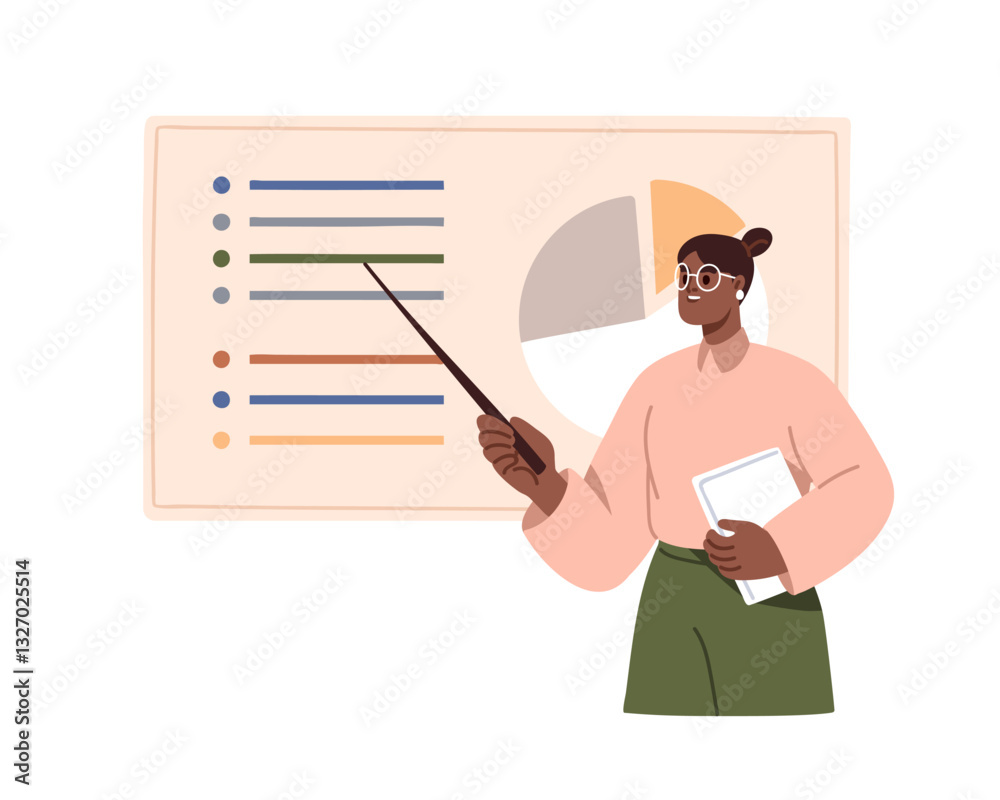 Poster business woman showing data, statistic chart during presentation, report. professional speaker, teac