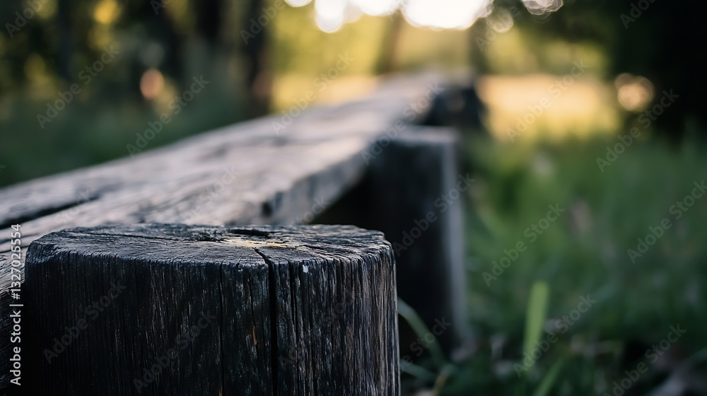 Poster Wooden Fence Posts with Soft Focus on the Background and Warming Light Creating a Serene Natural Scene : Generative AI