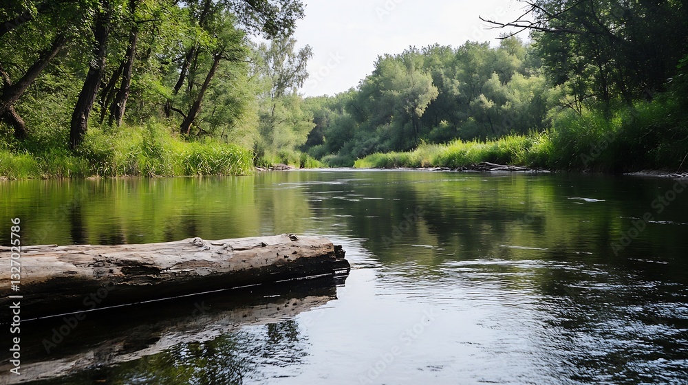 Poster serene view of a calm river surrounded by lush greenery and trees perfect for nature lovers and outd