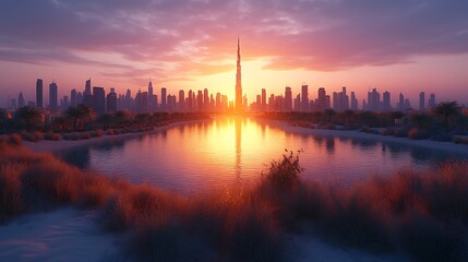 Fototapeta premium Desert Oasis Sunset Cityscape Reflection