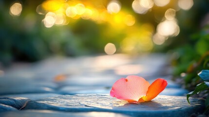 Delicate Rose Petal on a Tranquil Pathway Surrounded by Nature