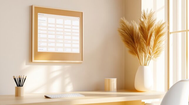 Elegant Office Decor With Digital Frame And Pampas