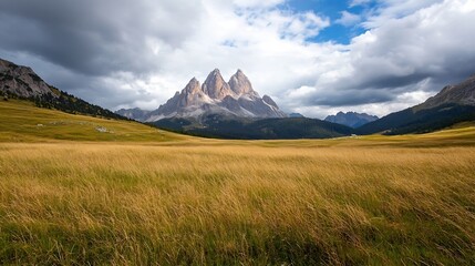 Fototapeta premium Breathtaking mountain landscape with dramatic clouds above golden grassy fields : Generative AI
