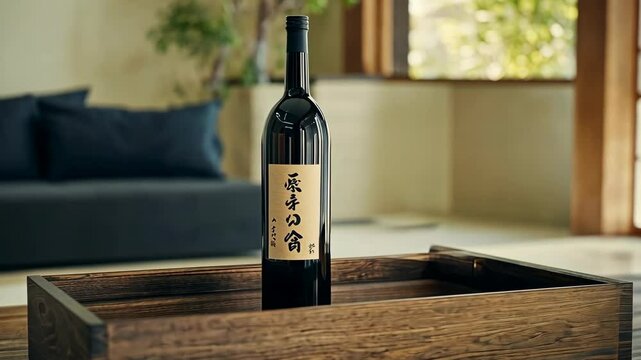 Dark glass bottle of sake placed on a wooden tray in a minimalistic home setting with natural light